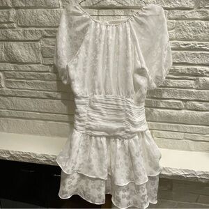 Gianni Bini White Floral Corset Mini Ruffle Dress Open Back Short Sleeve